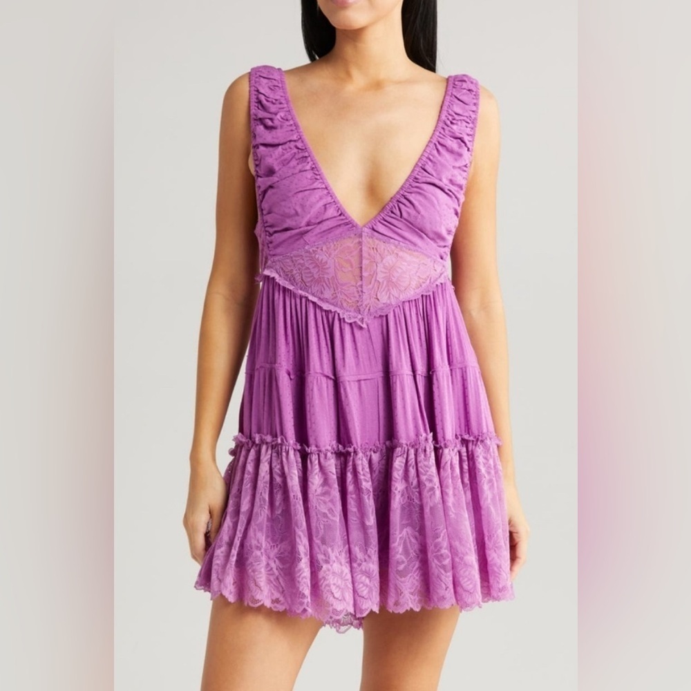 Free People Spring Fling Purple Lace Open Back Pajama Romper M NWOT